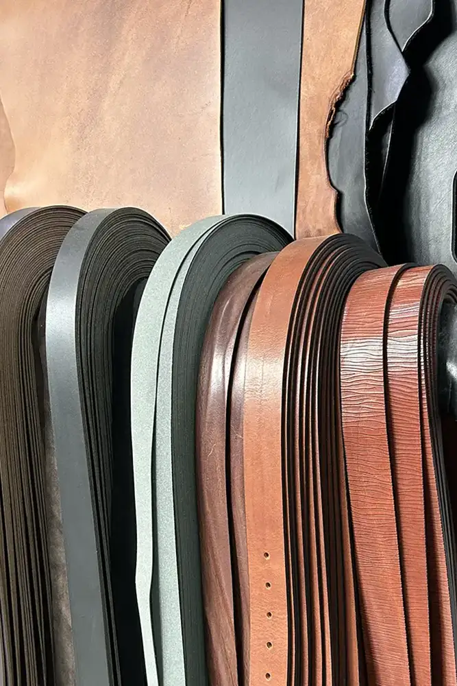 Artisanal belt factory Made in Italy - Balzani - the photo shows many nearly finished belts, displaying various types of leather and craftsmanship