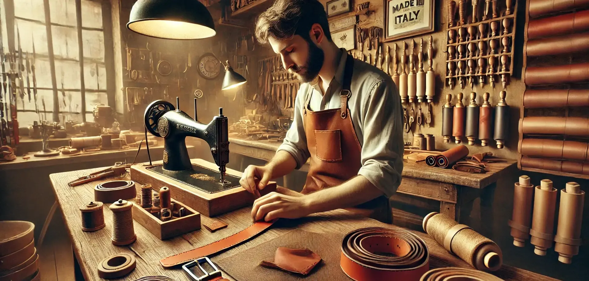 Cinturificio Balzani – a photorealistic image of an Italian artisan handcrafting a leather belt in his workshop